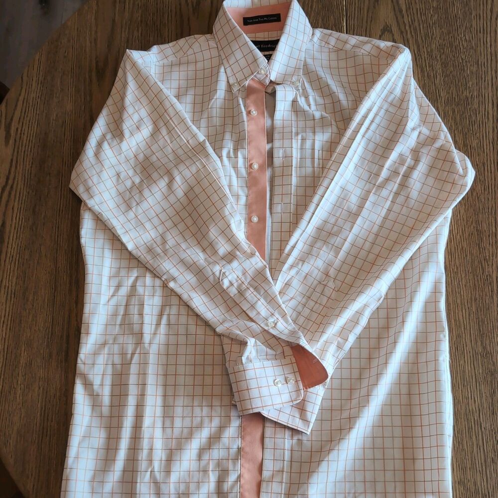 Paul Fredrick Non-Iron Two-Ply Pinpoint Peach Trim Dress Shirt 15.5 33